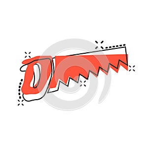 Saw blade icon in comic style. Working tools cartoon vector illustration on white isolated background. Hammer splash effect