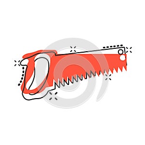 Saw blade icon in comic style. Working tools cartoon vector illustration on white isolated background. Hammer splash effect
