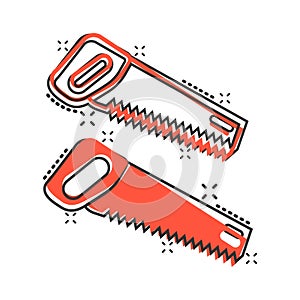 Saw blade icon in comic style. Working tools cartoon vector illustration on white isolated background. Hammer splash effect