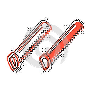 Saw blade icon in comic style. Working tools cartoon vector illustration on white isolated background. Hammer splash effect