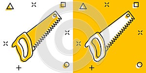 Saw blade icon in comic style. Working tools cartoon vector illustration on white isolated background. Hammer splash effect