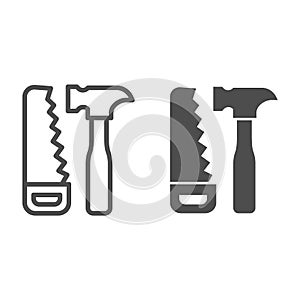 Saw and hammer line and solid icon, house repair concept, carpentry tools sign on white background, Hand saw and hammer