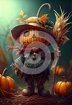 saw scarecrow for scaring away the varon. scarecrow with a pumpkin instead of the head. photo