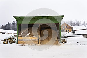 Sawdust and woodchip for heating under roof near sawmill