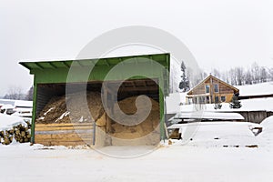 Sawdust and woodchip for heating under roof near sawmill