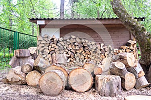 Sawed and chopped wood logs folded into a woodpile.