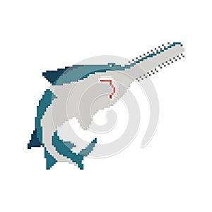 Sawfish pixel art. 8 bit marine predator saw fish. vector illustration