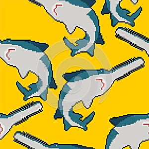 Sawfish pixel art pattern seamless. 8 bit marine predator saw fish background. vector texture