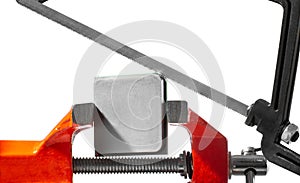 Sawing  scalped cpu processor using saw and vice