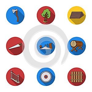Sawmil and timber set icons in flat style. Big collection of sawmill and timber vector