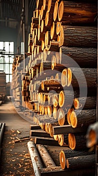 Sawmill industry concept Wooden plank, stack of logs in production