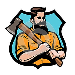 Sawmill, joinery, carpentry logo or label. Lumberjack holding axe his hands. Cartoon vector illustration photo