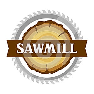 Sawmill label with wood stump and saw. Emblem for forestry and lumber industry