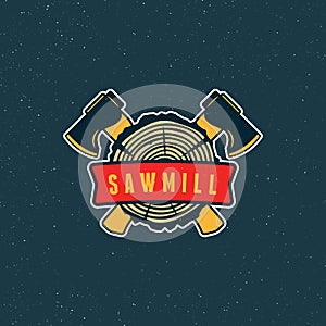 Sawmill logo. retro styled woodwork emblem. vector illustration