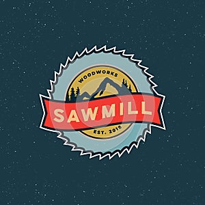 Sawmill logo. retro styled woodwork emblem. vector illustration