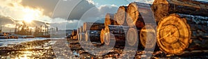 Sawmill Logs Timber Supply for Construction Manufacturing, A Stack of Logs Ready for Processing at a Sawmill, Showing the