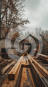 Sawmill, sawmill buildings with equipment with logs in the forest