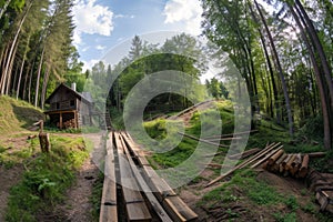 Sawmill, sawmill buildings with equipment with logs in the forest