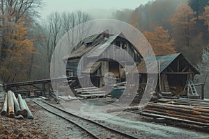 Sawmill, sawmill buildings with equipment with logs in the forest