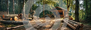 Sawmill, sawmill buildings with equipment with logs in the forest