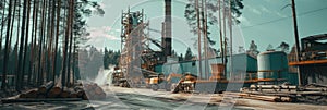 Sawmill, sawmill buildings with equipment with logs in the forest