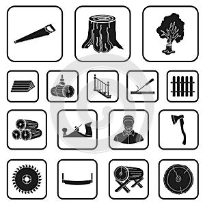 Sawmill and Timber black icons in set collection for design. Hardware and Tools vector symbol stock web illustration.