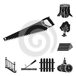 Sawmill and Timber black icons in set collection for design. Hardware and Tools vector symbol stock web illustration.