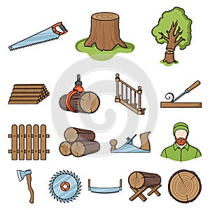 Sawmill and Timber cartoon icons in set collection for design. Hardware and Tools vector symbol stock web illustration.