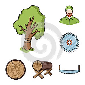 Sawmill and Timber cartoon icons in set collection for design. Hardware and Tools vector symbol stock web illustration.