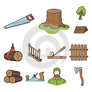 Sawmill and Timber cartoon icons in set collection for design. Hardware and Tools vector symbol stock web illustration.