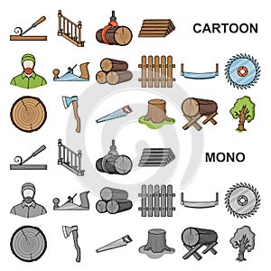 Sawmill and Timber cartoon icons in set collection for design. Hardware and Tools vector symbol stock web illustration.