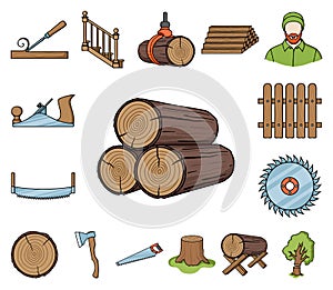 Sawmill and Timber cartoon icons in set collection for design. Hardware and Tools vector symbol stock web illustration.