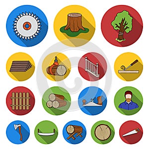 Sawmill and Timber flat icons in set collection for design. Hardware and Tools vector symbol stock web illustration.