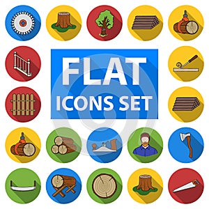 Sawmill and Timber flat icons in set collection for design. Hardware and Tools vector symbol stock web illustration.