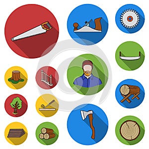 Sawmill and Timber flat icons in set collection for design. Hardware and Tools vector symbol stock web illustration.