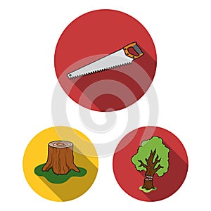 Sawmill and Timber flat icons in set collection for design. Hardware and Tools vector symbol stock web illustration.