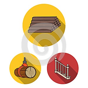 Sawmill and Timber flat icons in set collection for design. Hardware and Tools vector symbol stock web illustration.