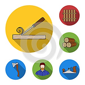 Sawmill and Timber flat icons in set collection for design. Hardware and Tools vector symbol stock web illustration.