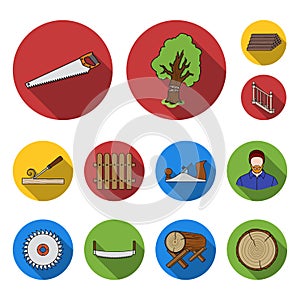 Sawmill and Timber flat icons in set collection for design. Hardware and Tools vector symbol stock web illustration.