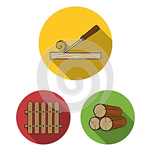 Sawmill and Timber flat icons in set collection for design. Hardware and Tools vector symbol stock web illustration.