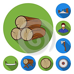 Sawmill and Timber flat icons in set collection for design. Hardware and Tools vector symbol stock web illustration.