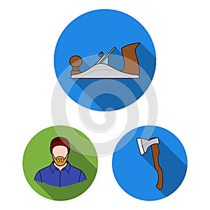 Sawmill and Timber flat icons in set collection for design. Hardware and Tools vector symbol stock web illustration.