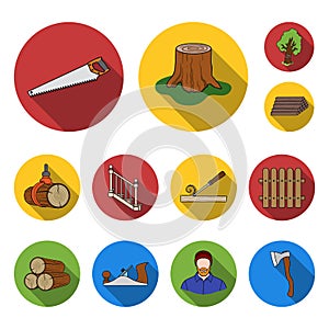 Sawmill and Timber flat icons in set collection for design. Hardware and Tools vector symbol stock web illustration.