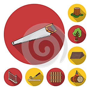 Sawmill and Timber flat icons in set collection for design. Hardware and Tools vector symbol stock web illustration.