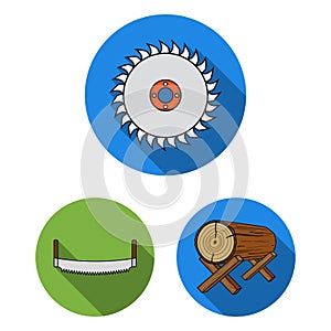 Sawmill and Timber flat icons in set collection for design. Hardware and Tools vector symbol stock web illustration.
