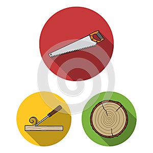 Sawmill and Timber flat icons in set collection for design. Hardware and Tools vector symbol stock web illustration.