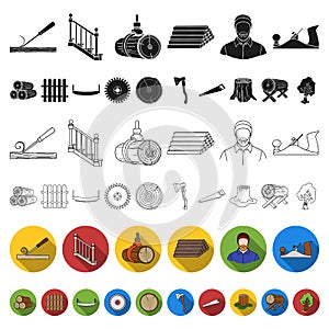 Sawmill and Timber flat icons in set collection for design. Hardware and Tools vector symbol stock web illustration.