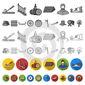 Sawmill and Timber flat icons in set collection for design. Hardware and Tools vector symbol stock web illustration.