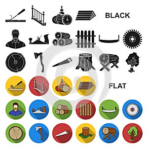 Sawmill and Timber flat icons in set collection for design. Hardware and Tools vector symbol stock web illustration.