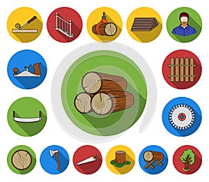 Sawmill and Timber flat icons in set collection for design. Hardware and Tools vector symbol stock web illustration.